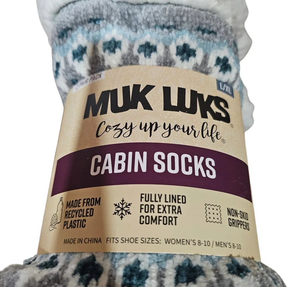 Muk Luks Cabin Socks L/XL Cozy Fleece Lined Non Skid Winter Slipper Socks 2 Pair